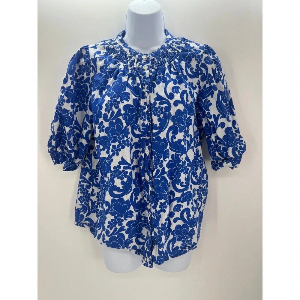 Boden Womens 10 Blue White Floral Linen Smocked Puff Sleeve Button Down Blouse